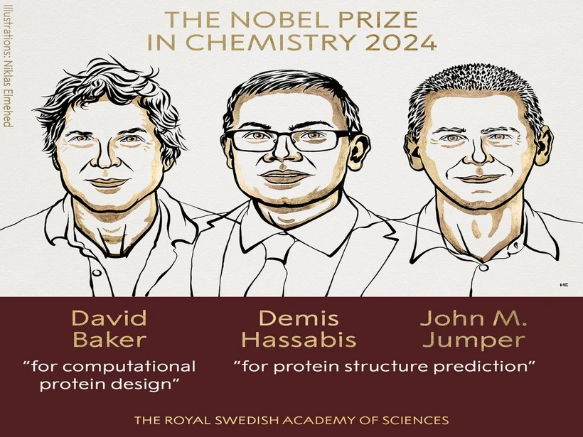 Giải Nobel Hóa học năm 2024 thuộc về các nhà khoa học David Baker (người Mỹ), John M. Jumper (người Mỹ), Demis Hassabis (người Anh). (Nguồn: Economic Times)