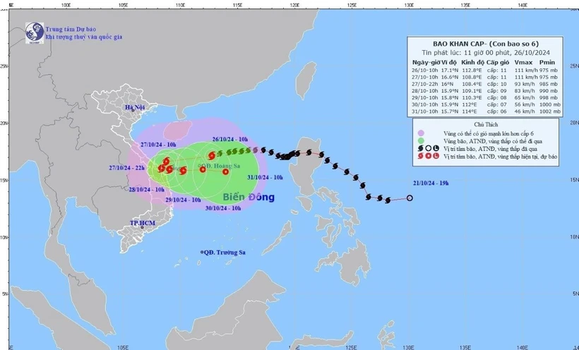 Hướng di chuyển của bão số 6 lúc 10h, ngày 26/10. (Ảnh: TTXVN phát)