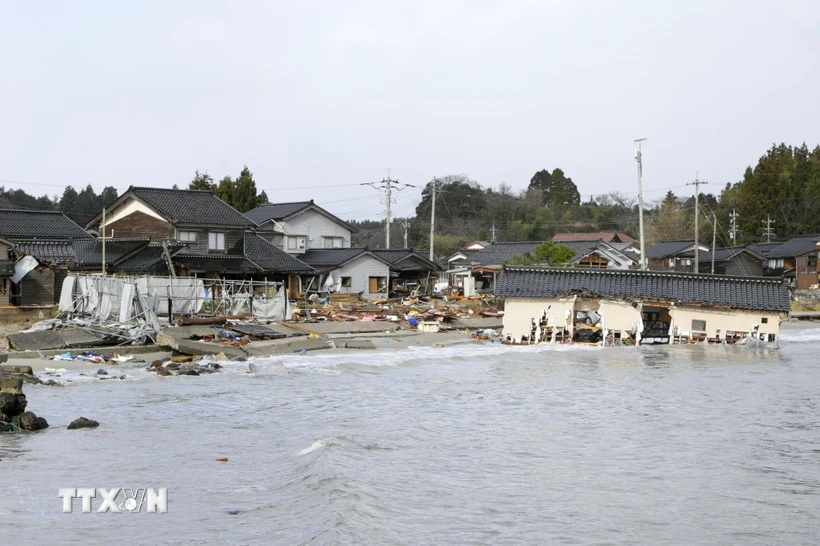 Khu vực bị ảnh hưởng bởi sóng thần sau động đất ở tỉnh Ishikawa, miền Trung Nhật Bản ngày 15/1/2024. (Ảnh: Kyodo/TTXVN)