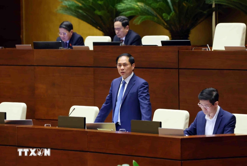 Bộ trưởng Bộ Ngoại giao Bùi Thanh Sơn trả lời chất vấn của đại biểu Quốc hội. (Ảnh: Phạm Kiên/TTXVN)