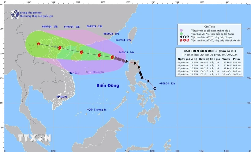 Bản đồ đường đi của Bão số 3. (Ảnh: TTXVN phát)