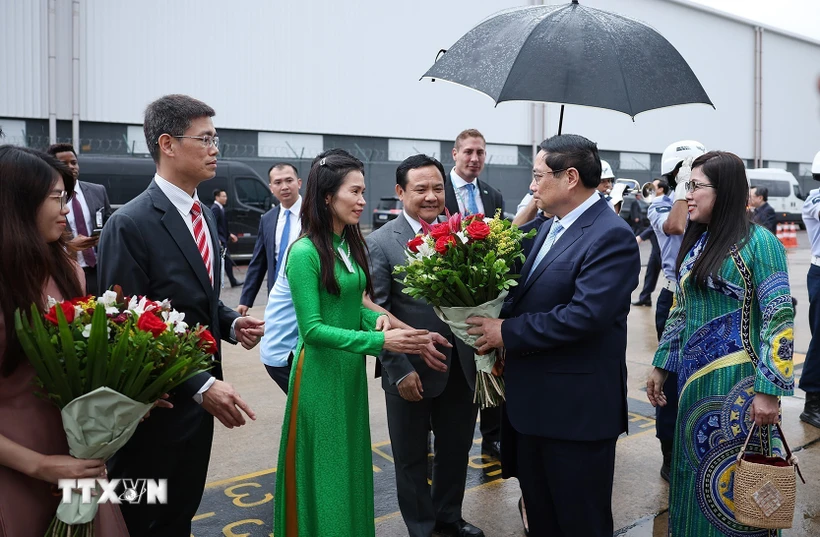 Cán bộ, nhân viên Đại sứ quán Việt Nam tại Brazil đón Thủ tướng Phạm Minh Chính và Phu nhân. (Ảnh: Dương Giang/TTXVN)