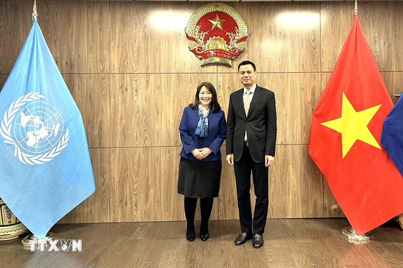Đại sứ, Trưởng Phái đoàn Thường trực Việt Nam tại Liên hợp quốc Đặng Hoàng Giang và bà June Kunugi, Giám đốc phụ trách quan hệ đối tác của UNICEF tại cuộc gặp. (Ảnh: Thanh Tuấn/TTXVN)