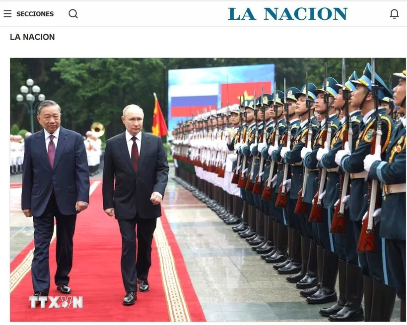 Ảnh chụp màn hình bài đăng trên tờ La Nacion về chuyến thăm Việt Nam của Tổng thống Nga Vladimir Putin. (Ảnh: Diệu Hương/TTXVN)