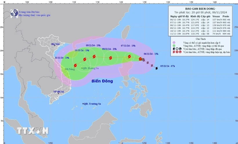 Hướng di chuyển của bão, tối 6/11. (Ảnh: TTXVN phát)