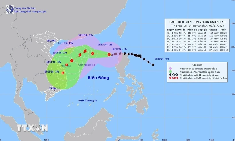 Đường đi của bão số 7, lúc 13 giờ ngày 8/11/2024. (Ảnh: TTXVN phát)