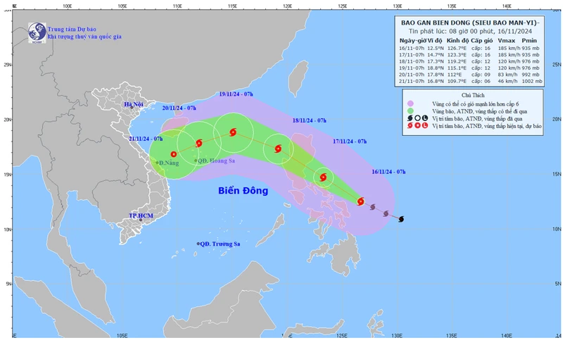 Đường đi của siêu bão Man-yi lúc 8 giờ ngày 16/11/2024. (Nguồn: Tổng cục KTTV)
