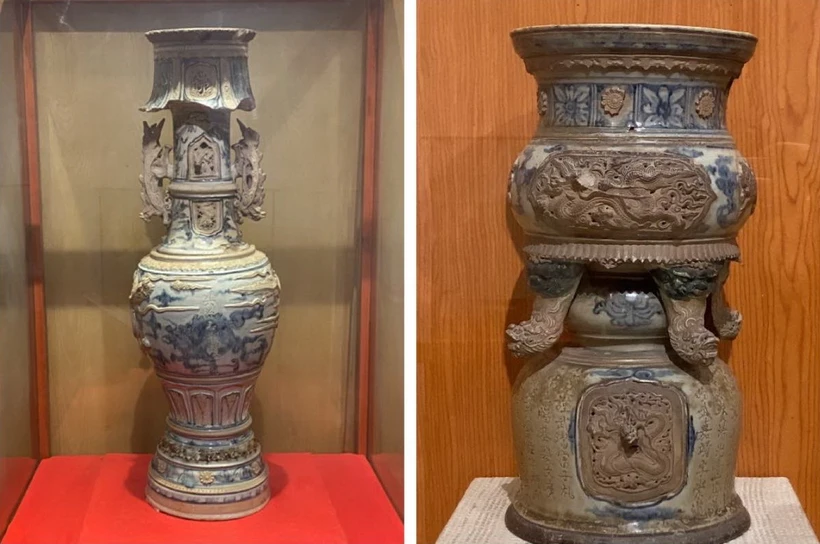 Bảo vật Quốc gia Bộ chân đèn và lư hương gốm men thời Mạc trưng bày tại Bảo tàng tỉnh Nam Định. (Ảnh: Bích Hằng/Vietnam+)