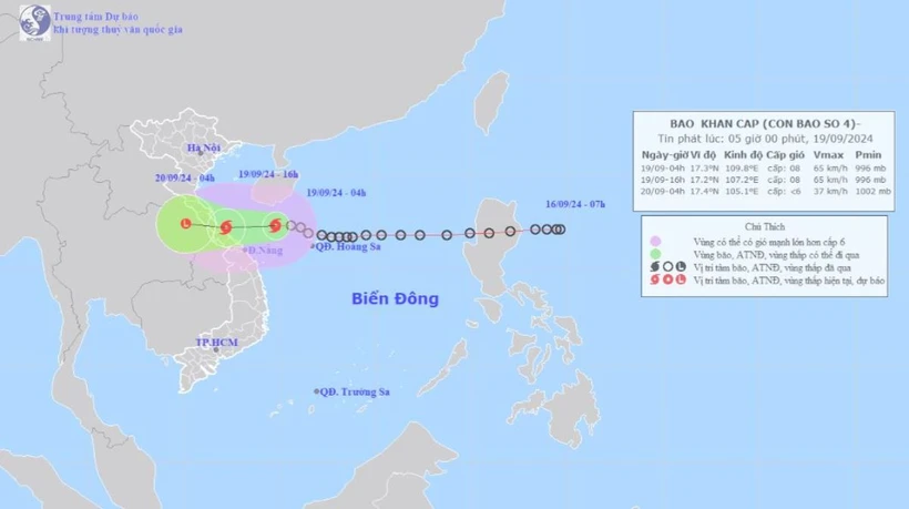 Sáng sớm nay (19/9), áp thấp nhiệt đới trên khu vực phía Đông Bắc quần đảo Hoàng Sa đã mạnh lên thành cơn bão số 4. (Ảnh: Trung tâm khí tượng thủy văn Quốc gia)