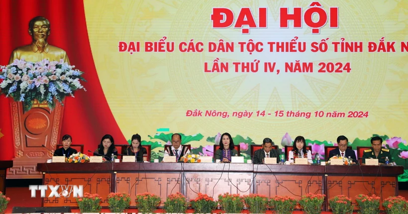 Đoàn Chủ tịch Đại hội Đại biểu các dân tộc thiểu số tỉnh Đắk Nông lần thứ IV, năm 2024. (Ảnh: Hưng Thịnh/TTXVN)