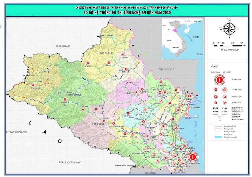 Sơ đồ hệ thống đô thị tỉnh Nghệ An đến năm 2030 trong dự thảo Chương trình phát triển đô thị tỉnh Nghệ An đến năm 2030, tầm nhìn đến năm 2050. (Ảnh: Báo Nghệ An)