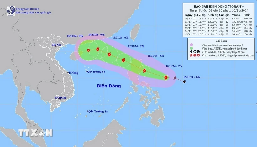 Đường đi của bão số 8, lúc 7 giờ ngày 12/11/2024. (Ảnh: TTXVN phát)