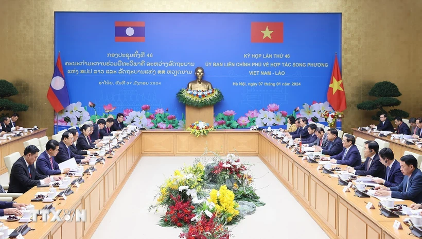 Quang cảnh Kỳ họp lần thứ 46 Ủy ban liên Chính phủ về hợp tác song phương Việt Nam-Lào. (Ảnh: Dương Giang/TTXVN)
