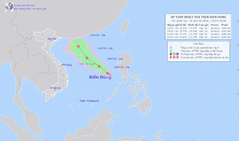 Hình ảnh vị trí và đường đi của áp thấp nhiệt đới. (Nguồn: Trung tâm Dự báo Khí tượng Thủy văn Trung ương)