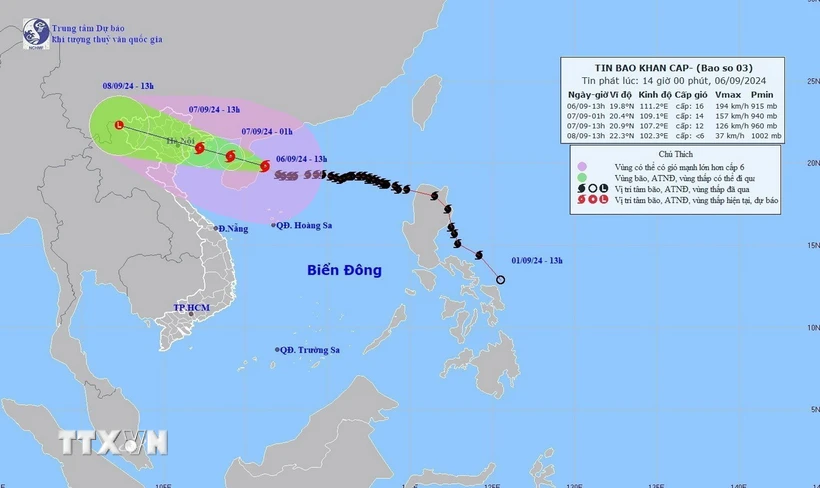 Bản đồ đường đi của bão số 3 lúc 13 giờ ngày 6/9/2024. (Ảnh: TTXVN phát)