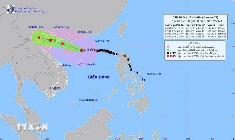 Bản đồ đường đi của Bão số 3, lúc 7h ngày 6/9/2024. (Ảnh: TTXVN phát)