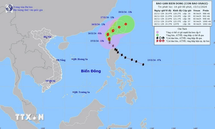 Đường đi của bão USAGI lúc 13h ngày 15/11/2024. (Ảnh: TTXVN phát)