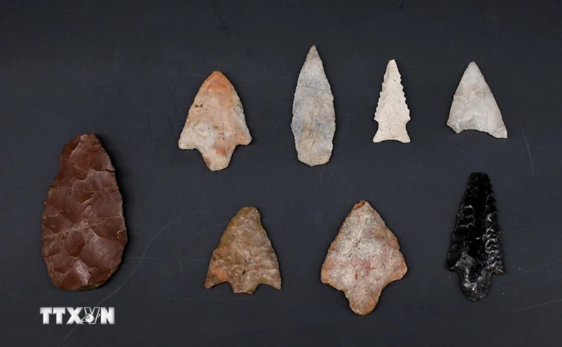 Các mảnh gốm sứ, đầu mũi tên bằng đá có niên đại khoảng năm 750 sau Công nguyên. (Ảnh: TTXVN phát)