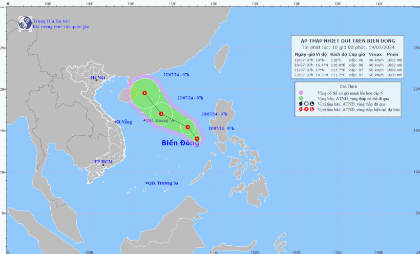 Vị trí và đường đi của áp thấp nhiệt đới. (Nguồn: Trung tâm Dự báo Khí tượng Thủy văn Quốc gia)