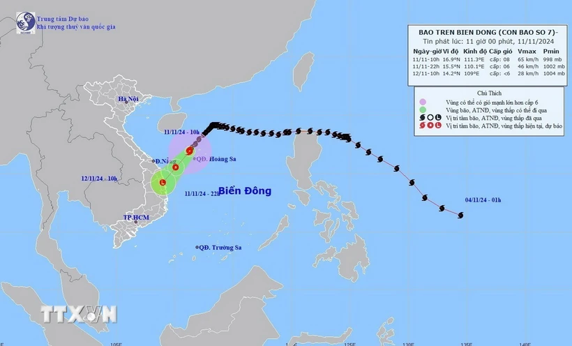 Đường đi của bão số 7, lúc 10 giờ ngày 11/11. (Ảnh: TTXVN phát)