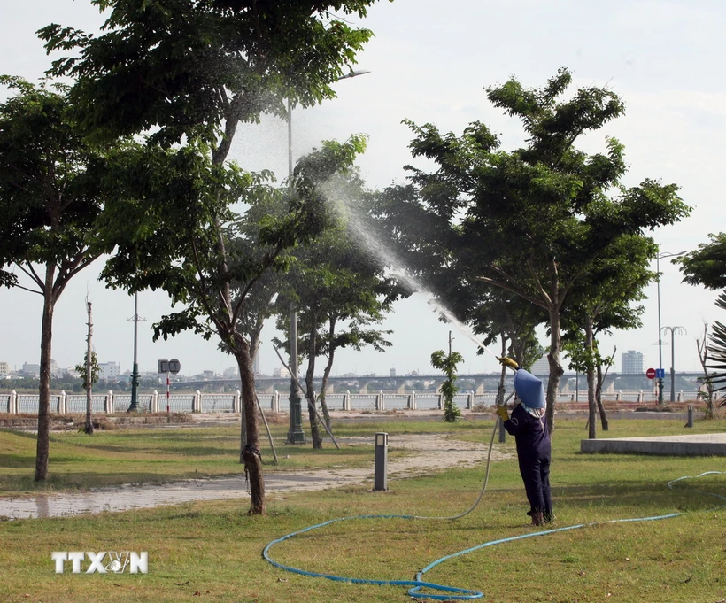 Công nhân chăm sóc cây xanh tại Khu đô thị mới Nam thành phố Tuy Hòa. (Ảnh: Xuân Triệu/TTXVN)