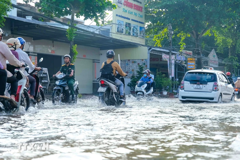 Nước ngập trên đường Cách Mạng Tháng Tám, quận Bình Thủy, thành phố Cần Thơ. (Ảnh: Thanh Liêm/TTXVN)