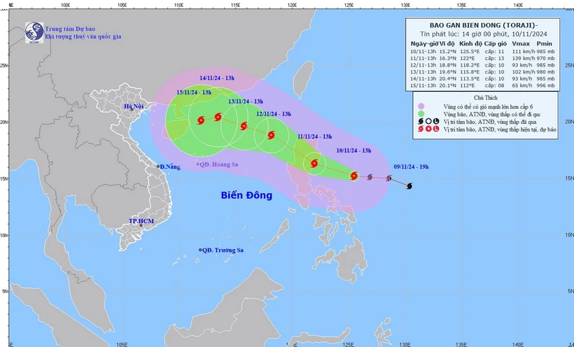 Hướng di chuyển của bão số 8 lúc 14 giờ, ngày 10/11. (Nguồn: Trung tâm Dự báo Khí tượng Thủy văn Quốc gia)