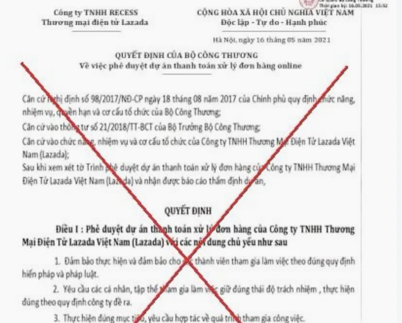 Cơ quan chức năng cảnh báo văn bản giả mạo Bộ Công Thương phê duyệt dự án thanh toán xử lý đơn hàng online. (Ảnh: PV/Vietnam+)