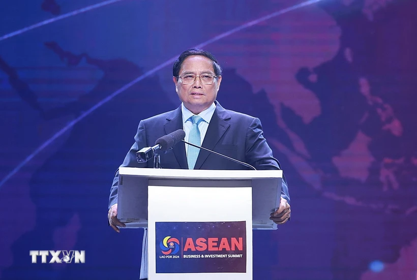 Thủ tướng Phạm Minh Chính phát biểu tại Hội nghị Thượng đỉnh Kinh doanh và Đầu tư ASEAN 2024. (Ảnh: Dương Giang/TTXVN)